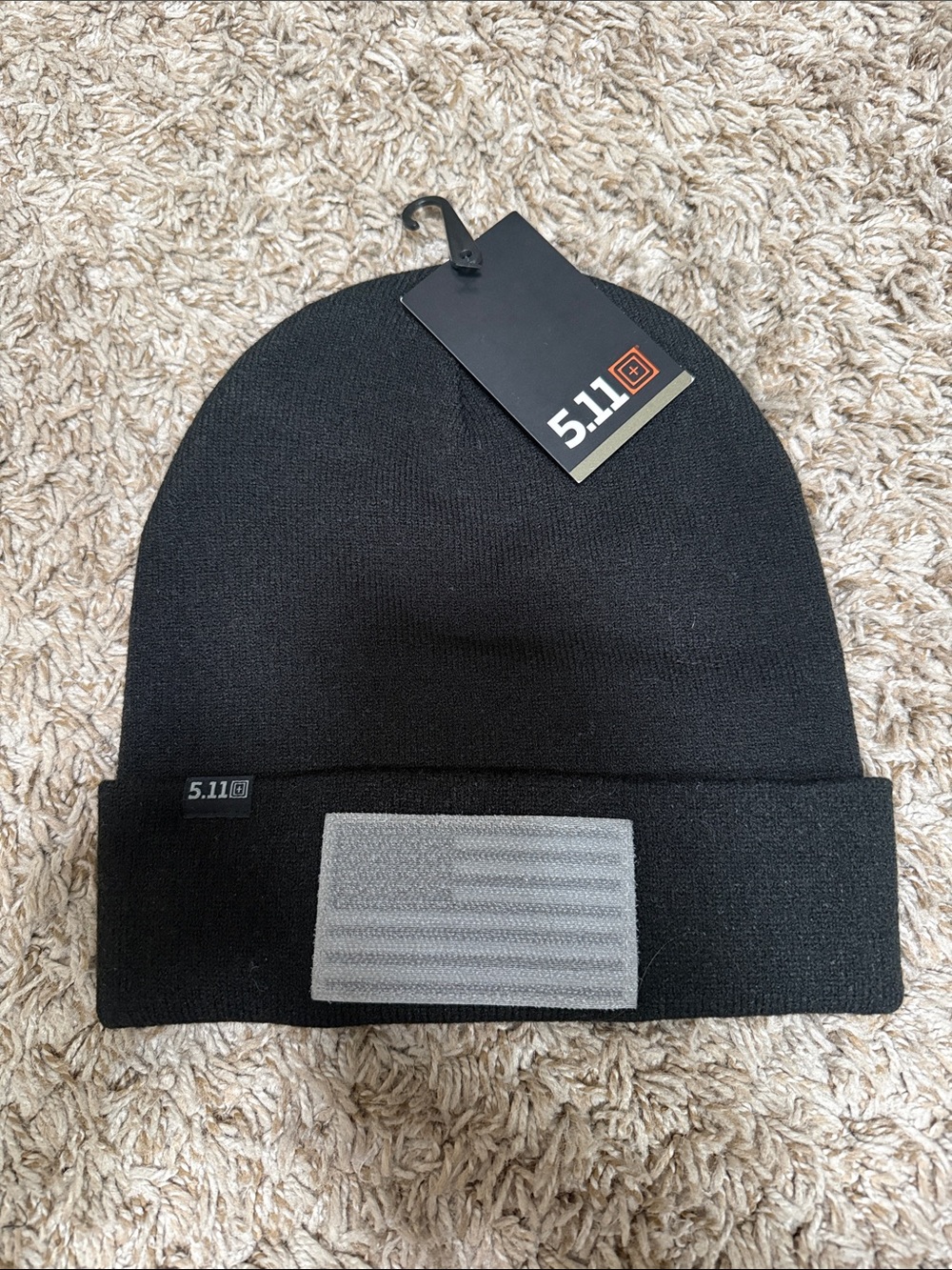 5.11 Tactical Black Beanie with Gray Hook-and-Loop Flag Patch Never Worn